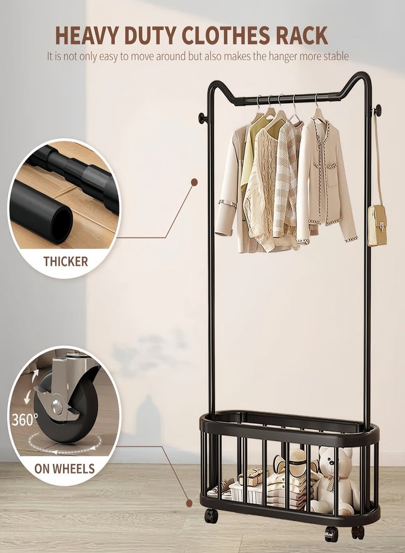 Clothes Rack with Single Rods, Metal Garment Rack with Storage Basket and Wheels, Multipurpose Clothes Hanger Organizer for Bedroom Living Room - Image 2